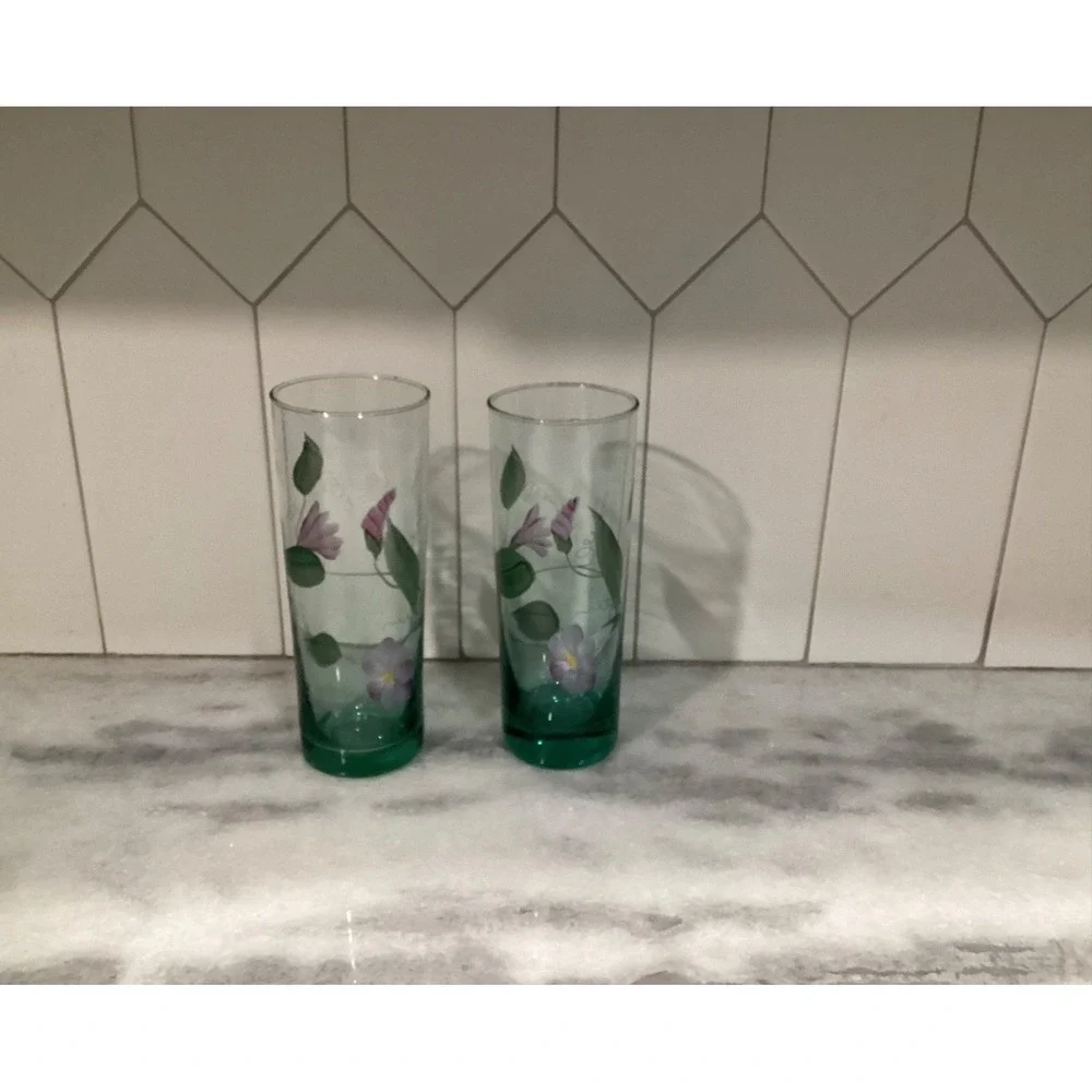 Vintage Fenton Signed 2 Hand Painted Green‎ Floral Highball Tumblers Glasses